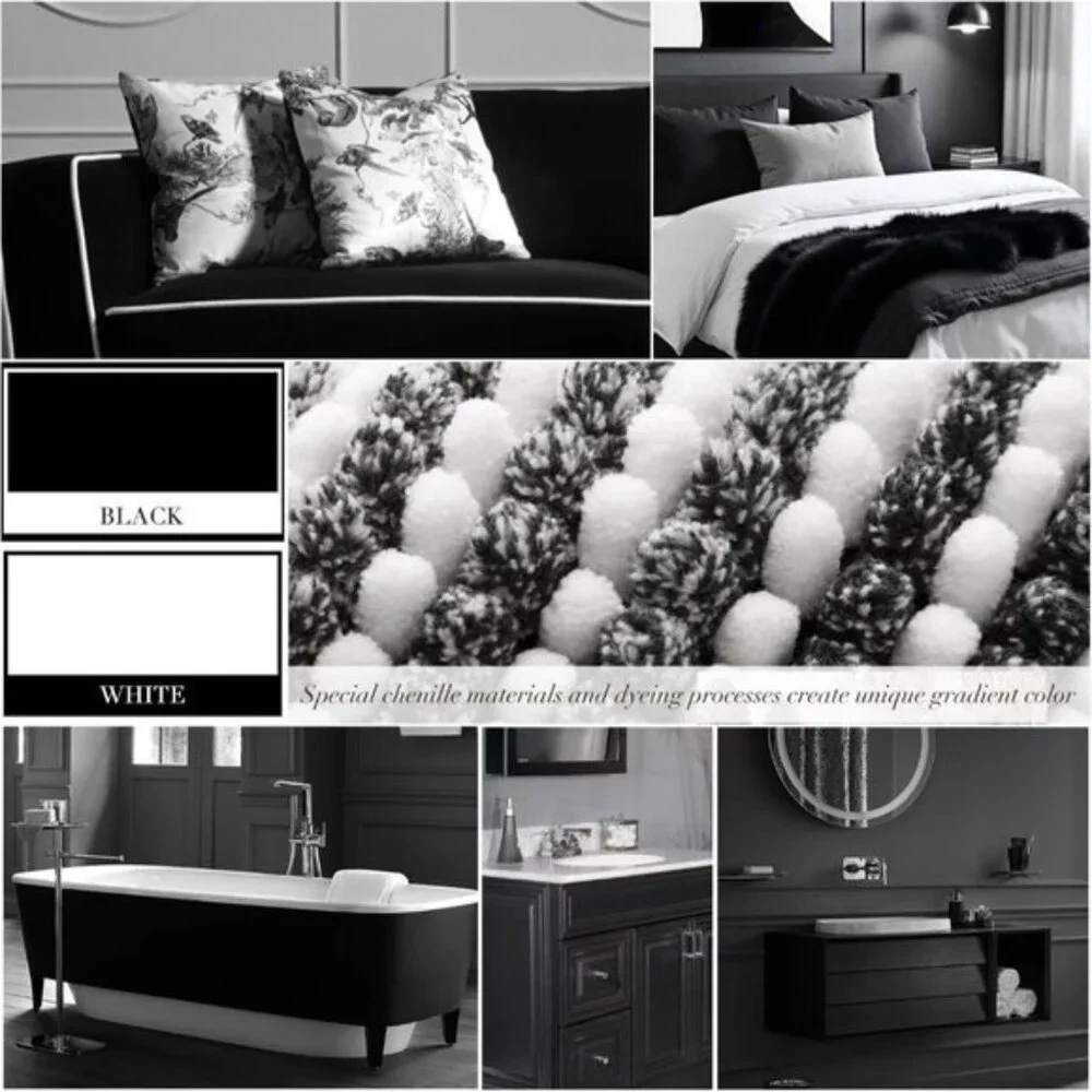 New 2Pcs Bathroom Rug Set, Soft Absorbent Non-Slip Chenille Mats - Black
